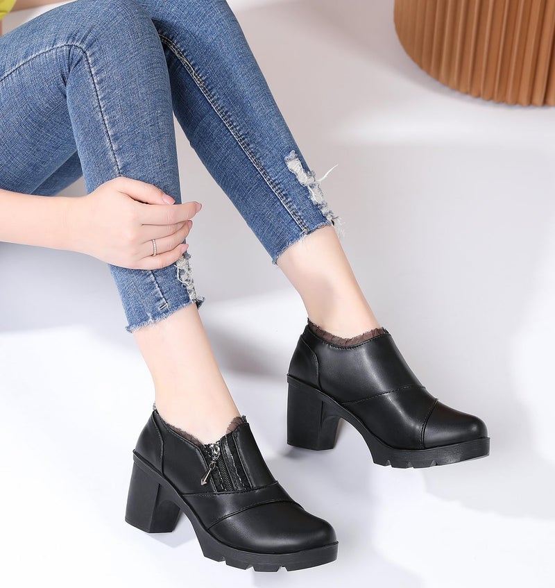 DADAWEN Women's Casual Zipper Lace Platform Mid-Heel Square Toe Oxfords Dress Shoes Black US Size 9 - Image 3